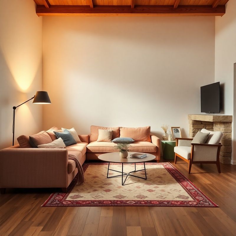 Rose-warm living room with sofa pulled 20 inches from the wall and floor lamp casting warm light from the corner