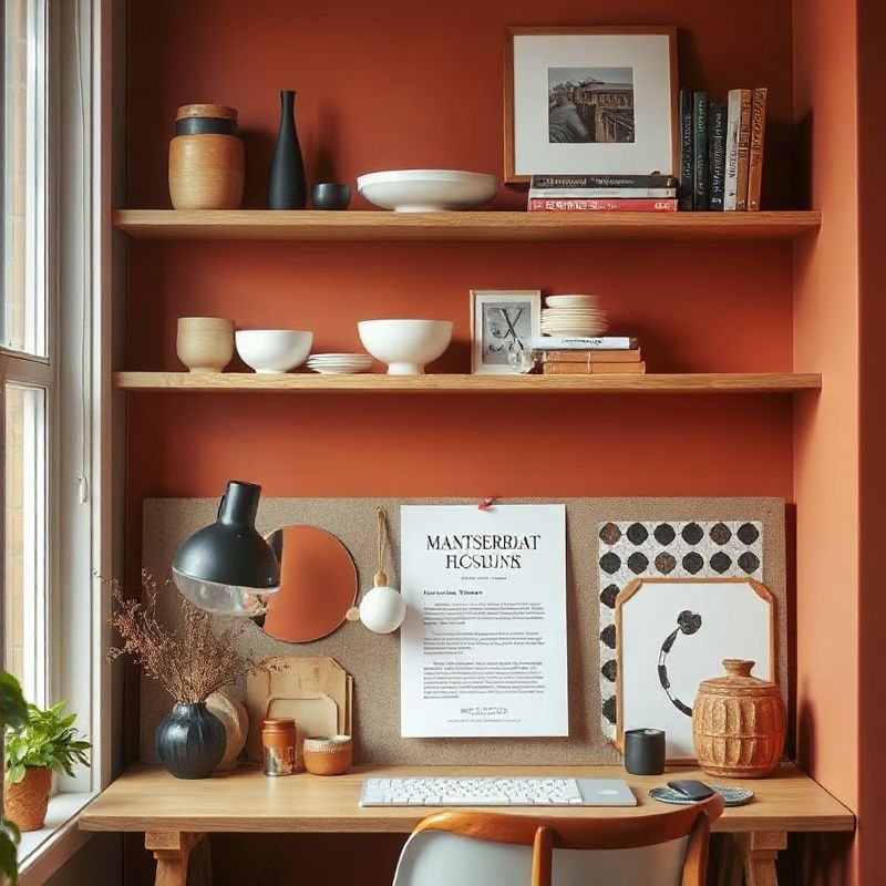 Cozy Toronto home workspace corner with terracotta wall and open shelving of ceramics and books