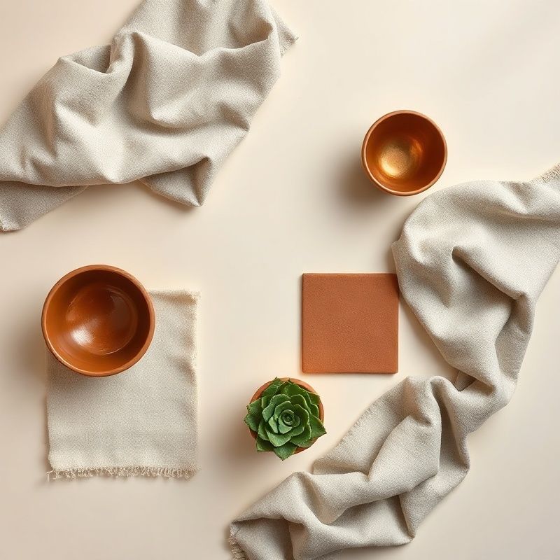Overhead editorial flat-lay of ceramic vessels, linen swatch and terracotta tile sample on a warm cream surface