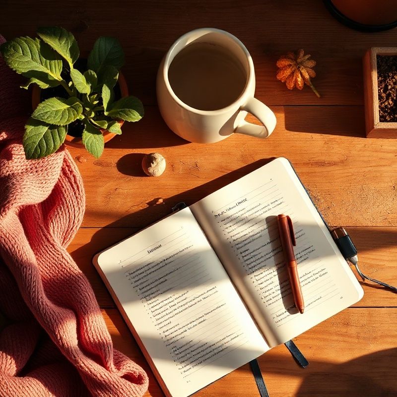Rose-warm writing desk with open notebook, ceramic mug and a small terracotta plant in northern Canadian afternoon light