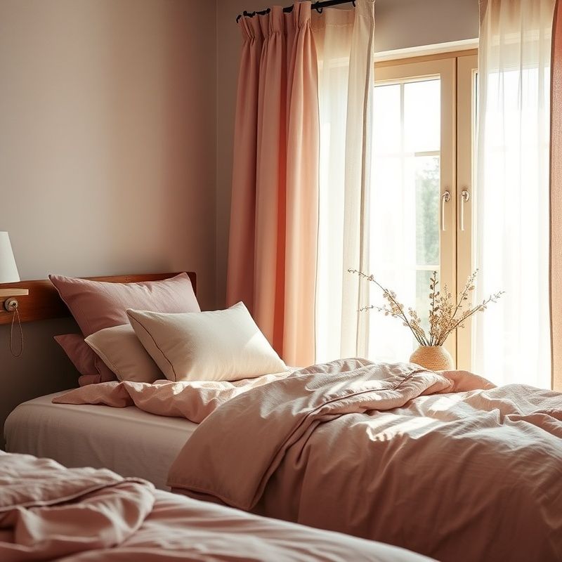 Rose-warm bedroom corner with dusty pink textiles and linen curtains in soft northern light