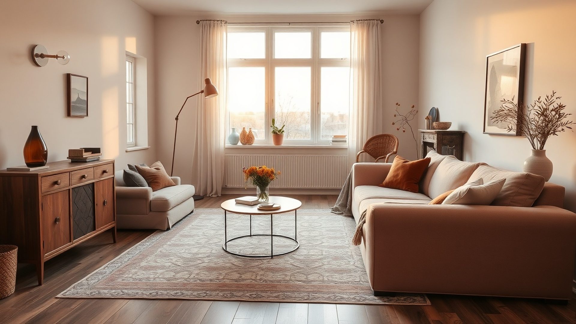 Rose-warm Toronto living room at golden hour with plush blush sofa and terracotta cushions
