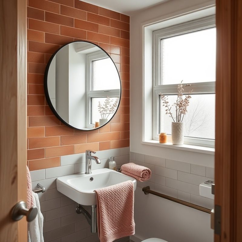 Small Toronto apartment bathroom with round mirror, terracotta peel-and-stick tile wall and dusty-rose towels
